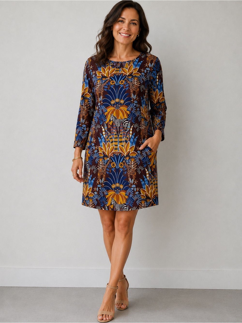NWT J. MCLAUGHLIN Sophia Safaria Floral Dress Catalina Cloth Brown Multicolor L